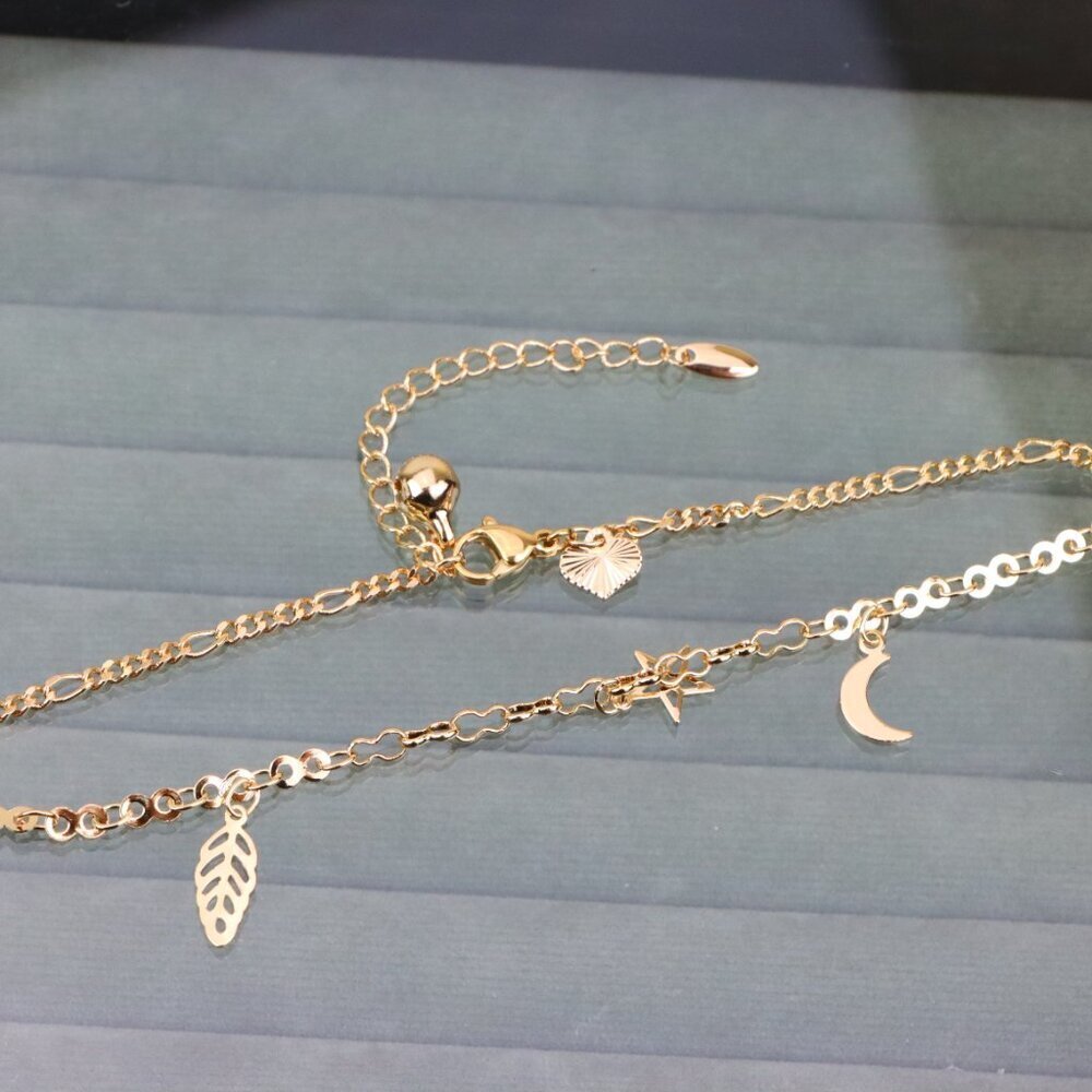 "Rose Gold Moon Star Leaf Anklet in Gold Plated Brass, XPAL1038
